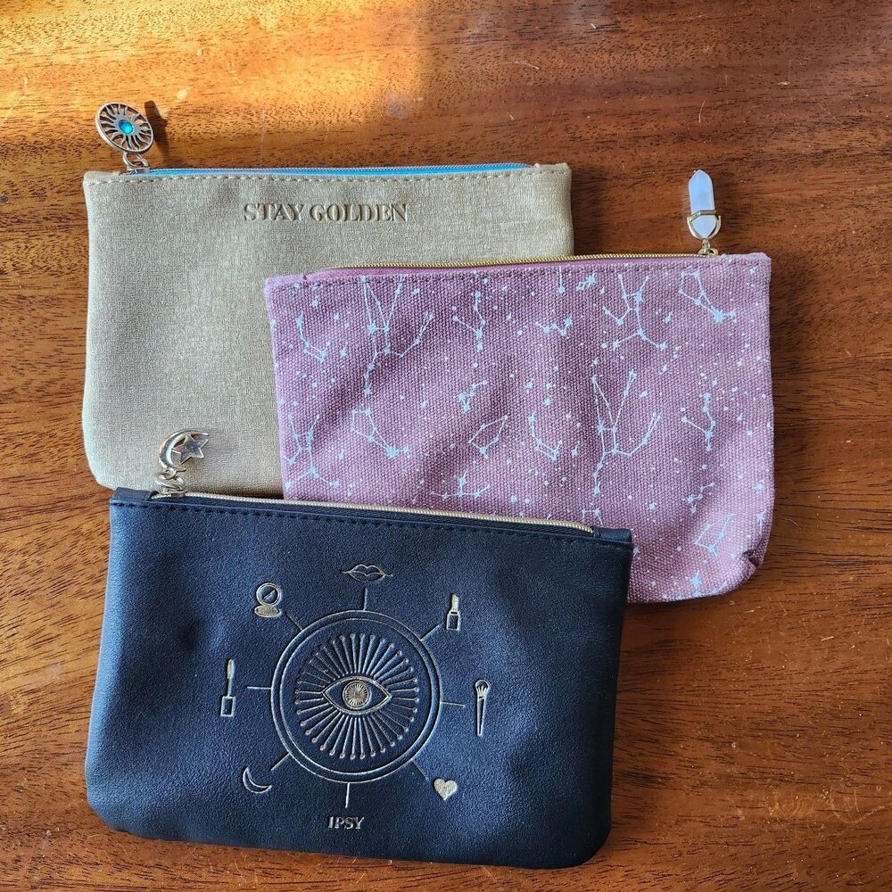 IPSY Women's Cosmetic Bag Lot 3 Black Pink Tan Makeup Pouch Zipper Charms